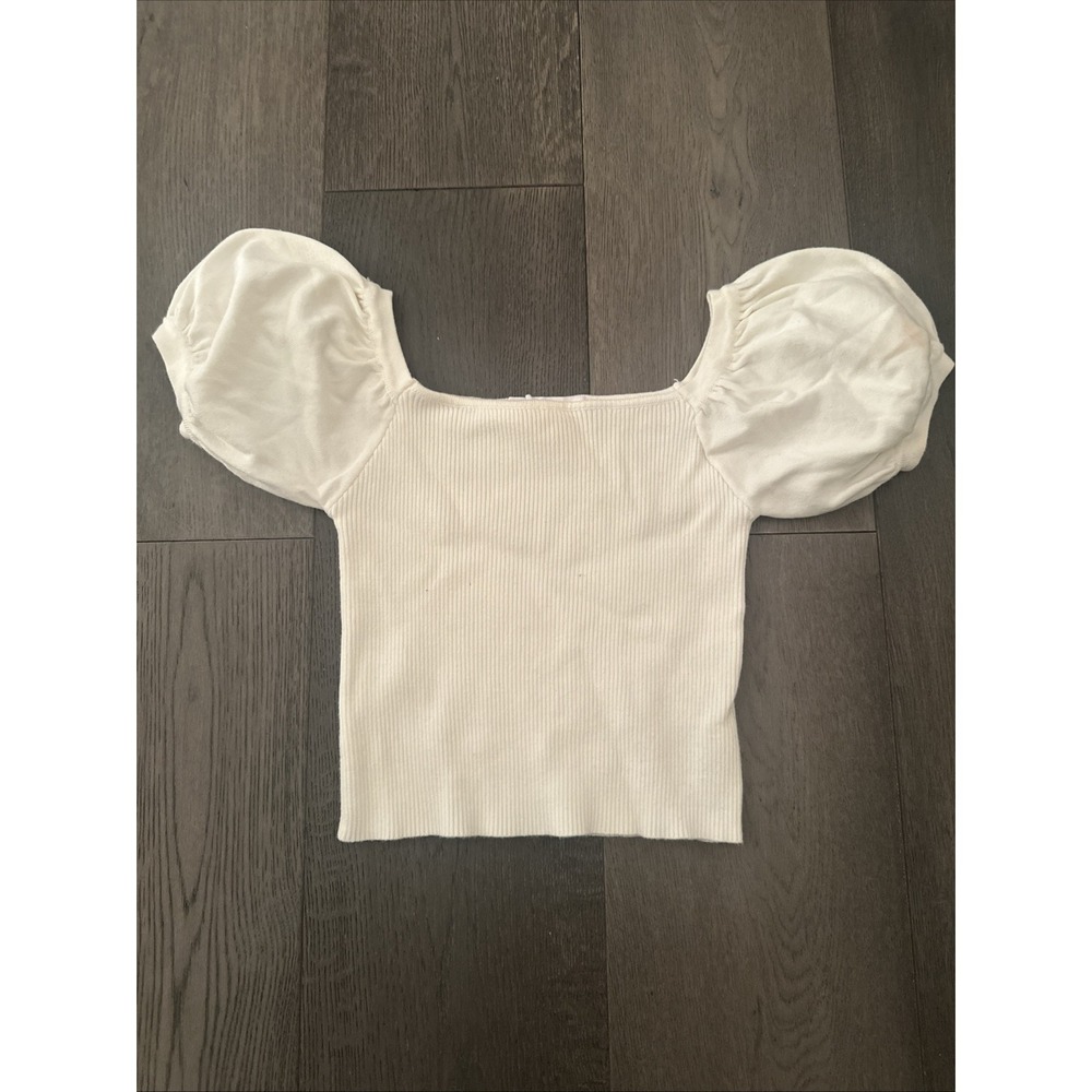 Nectar Clothing Ribbed Sweater Crop Top Cream Ivory Puff Sleeve Size M/L